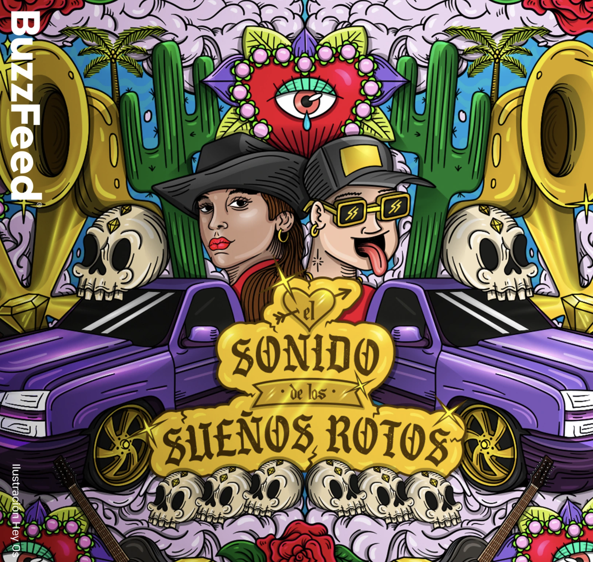 Ilustración de dos personajes al estilo de &quot;Los Reyes del Barrio&quot; con sombreros y anteojos de sol, en un auto bajo calaveras y trompetas decorativas