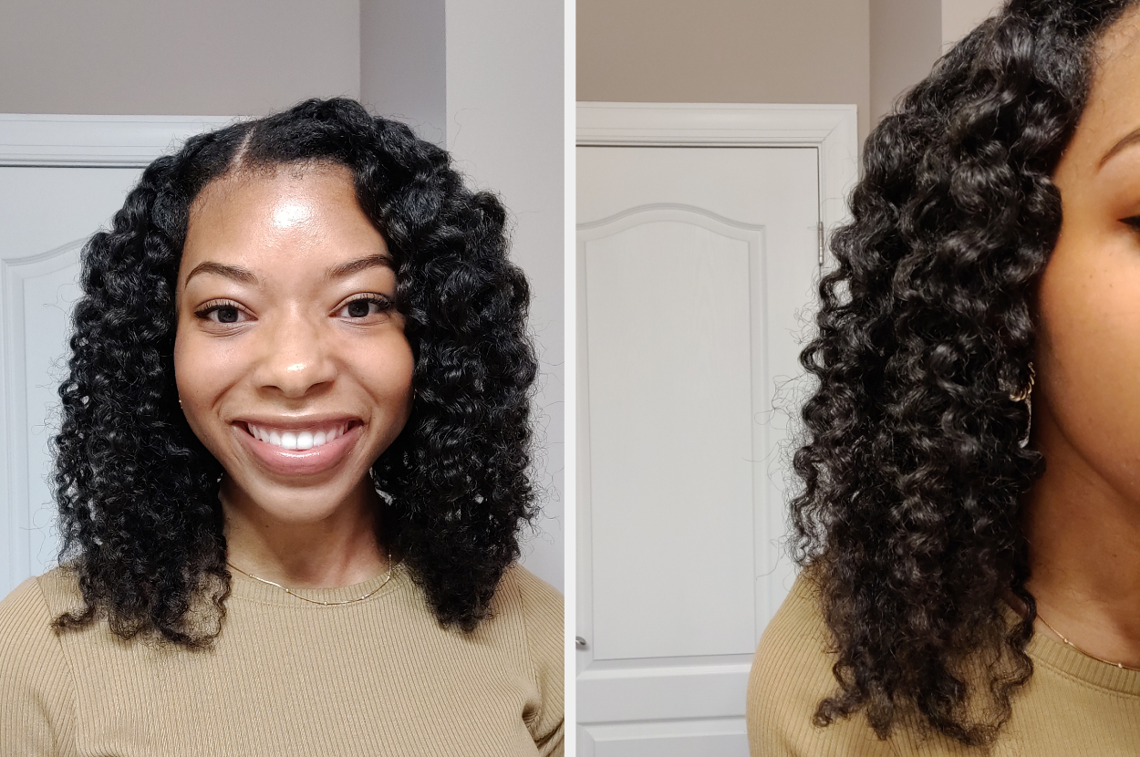 Woman with curly hair smiling in front; side view showing hair texture