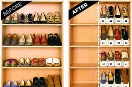 shoes on a shelf before and after using the shoe holders
