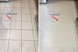 reviewer before of dirty grout and clean grout after using product