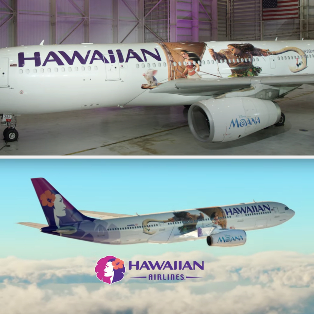 Hawaiian Airlines plane with Moana and Maui character decals from the Disney movie Moana