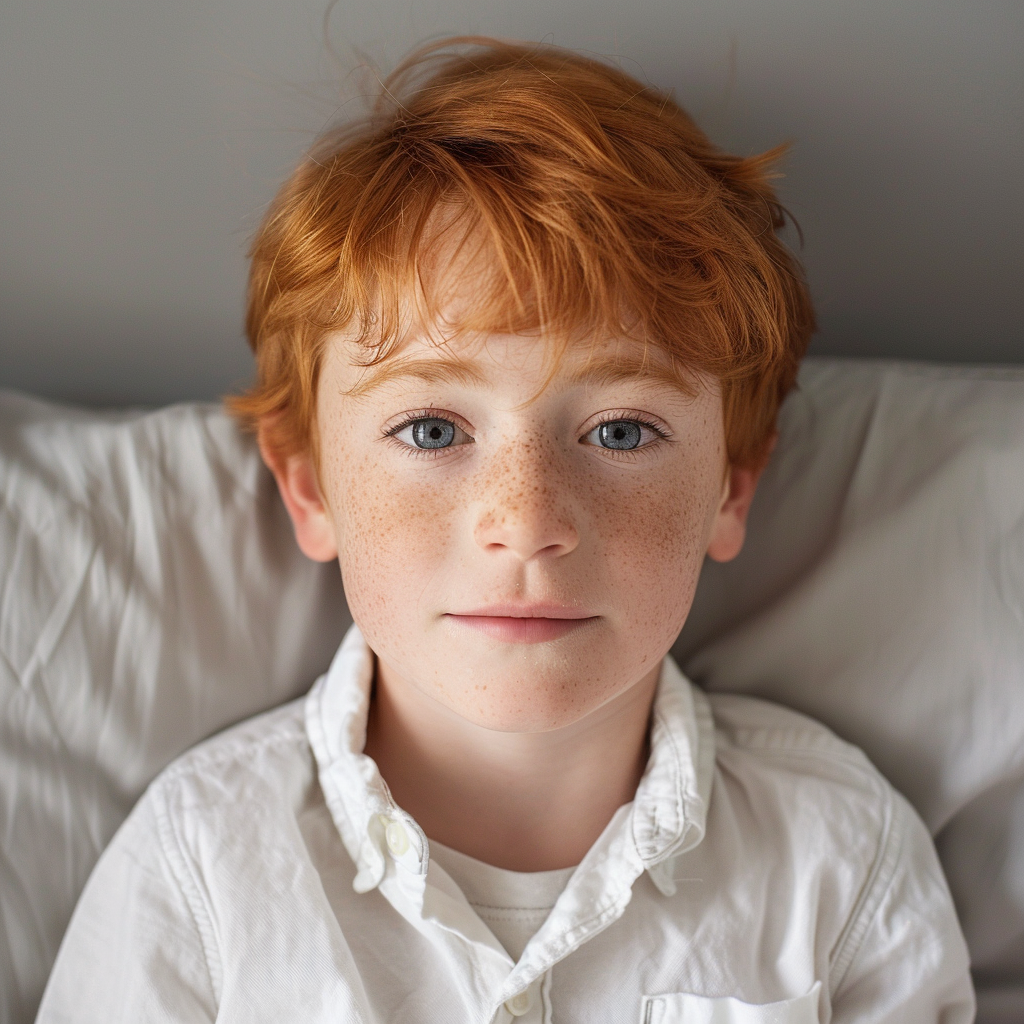 Close-up of a boy with freckles, red hair, and greenish-blue eyes smiling directly at the camera