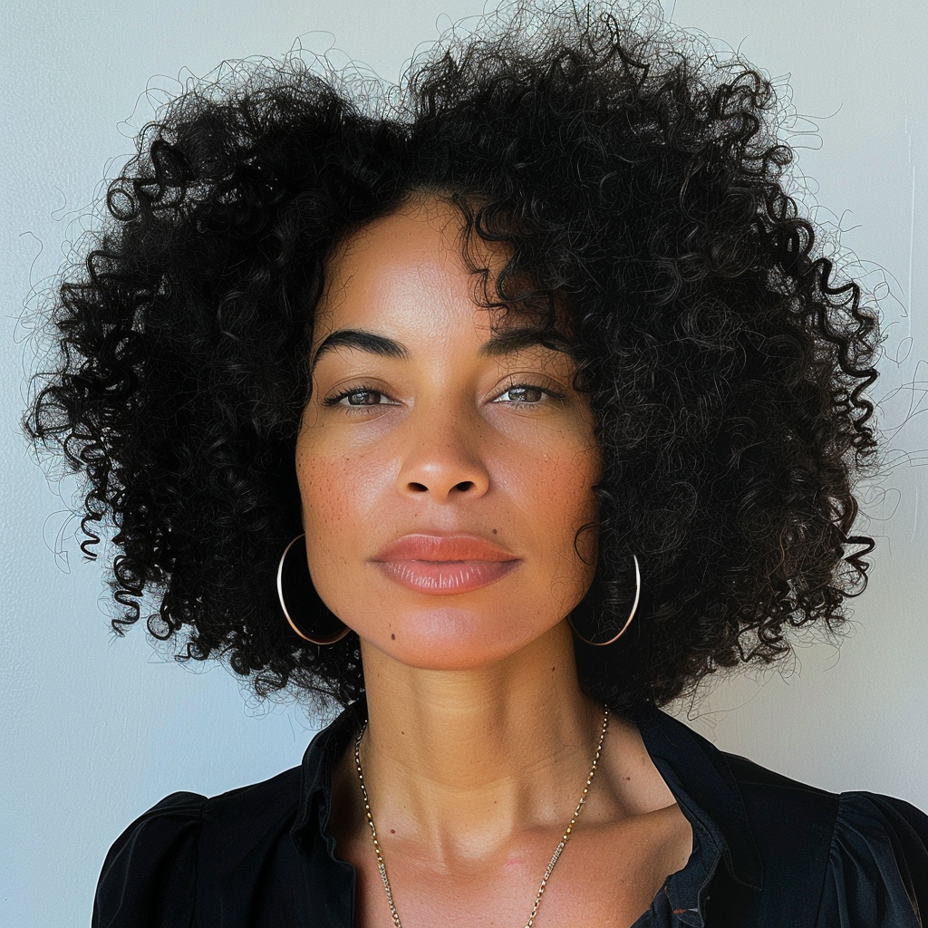 Woman with curly hair, wearing hoop earrings and a black top, facing the camera with a neutral expression