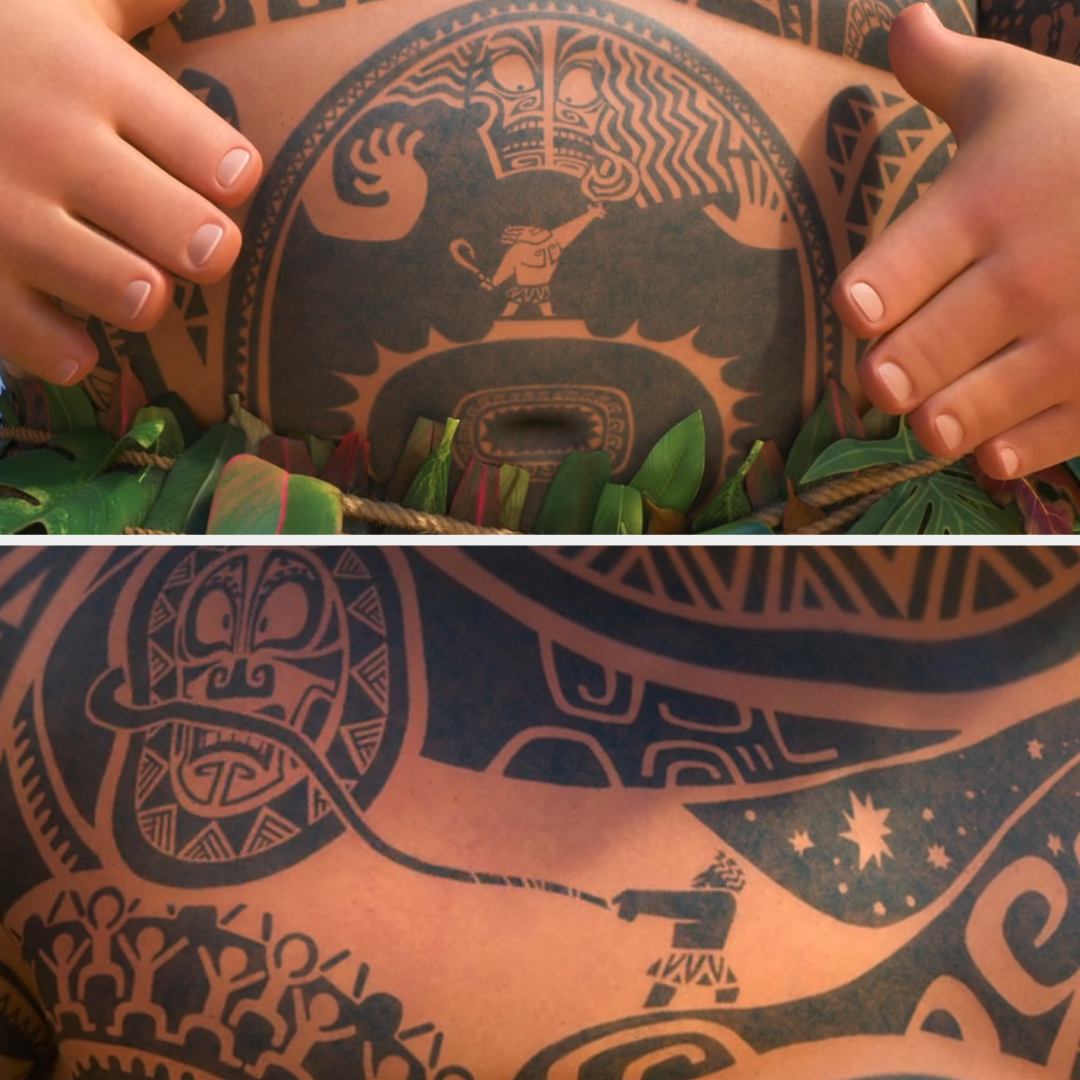 Animated character Maui from Moana with his magical fishhook tattoo visible