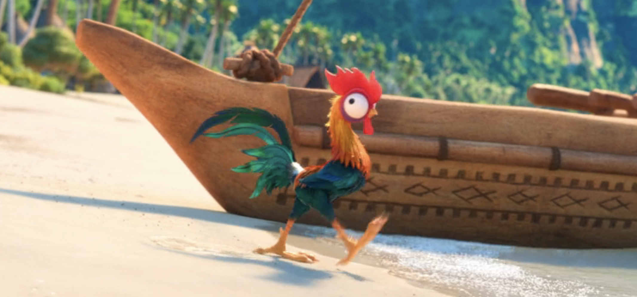 Animated character Heihei from &quot;Moana&quot; walking on a beach next to a canoe