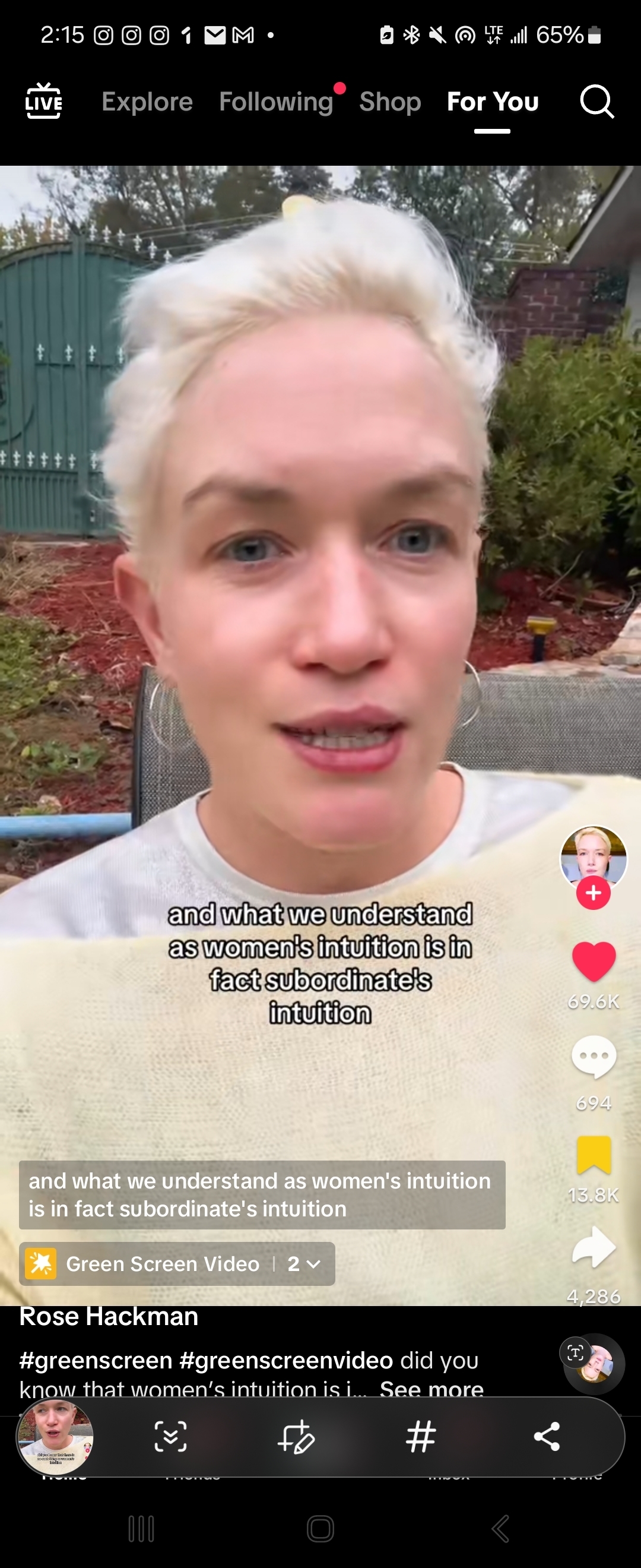 Rose speaking to camera with text overlay about women's intuition