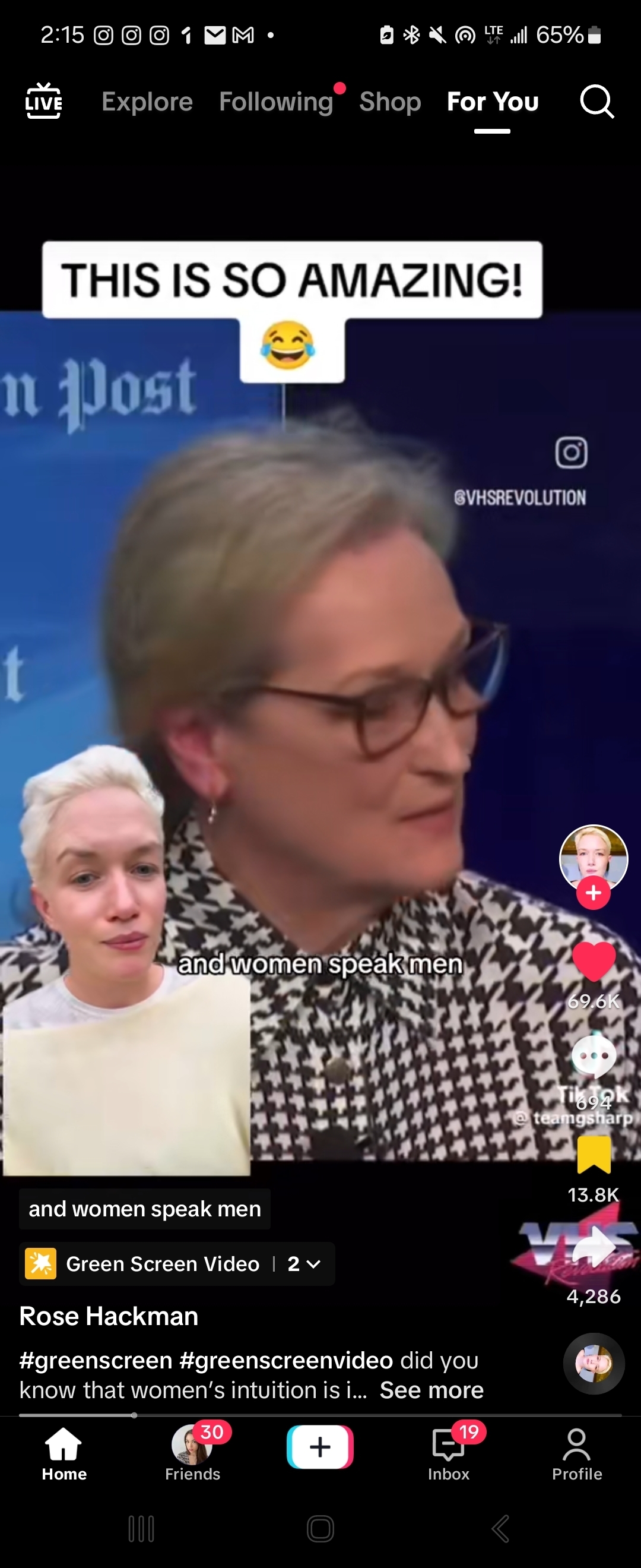 Rose using a green screen effect on TikTok to show the clip of Meryl Streep