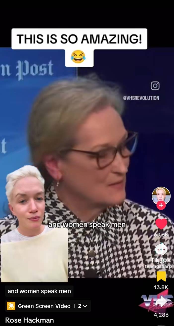 Rose using a green screen effect on TikTok to show the clip of Meryl Streep