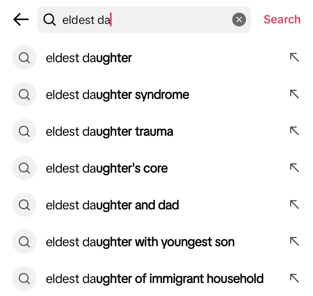 Search engine autocomplete suggestions for the phrase &quot;eldest da,&quot; including eldest daughter syndrome, eldest daughter trauma, eldest daughter and dad, and eldest daughter of immigrant household