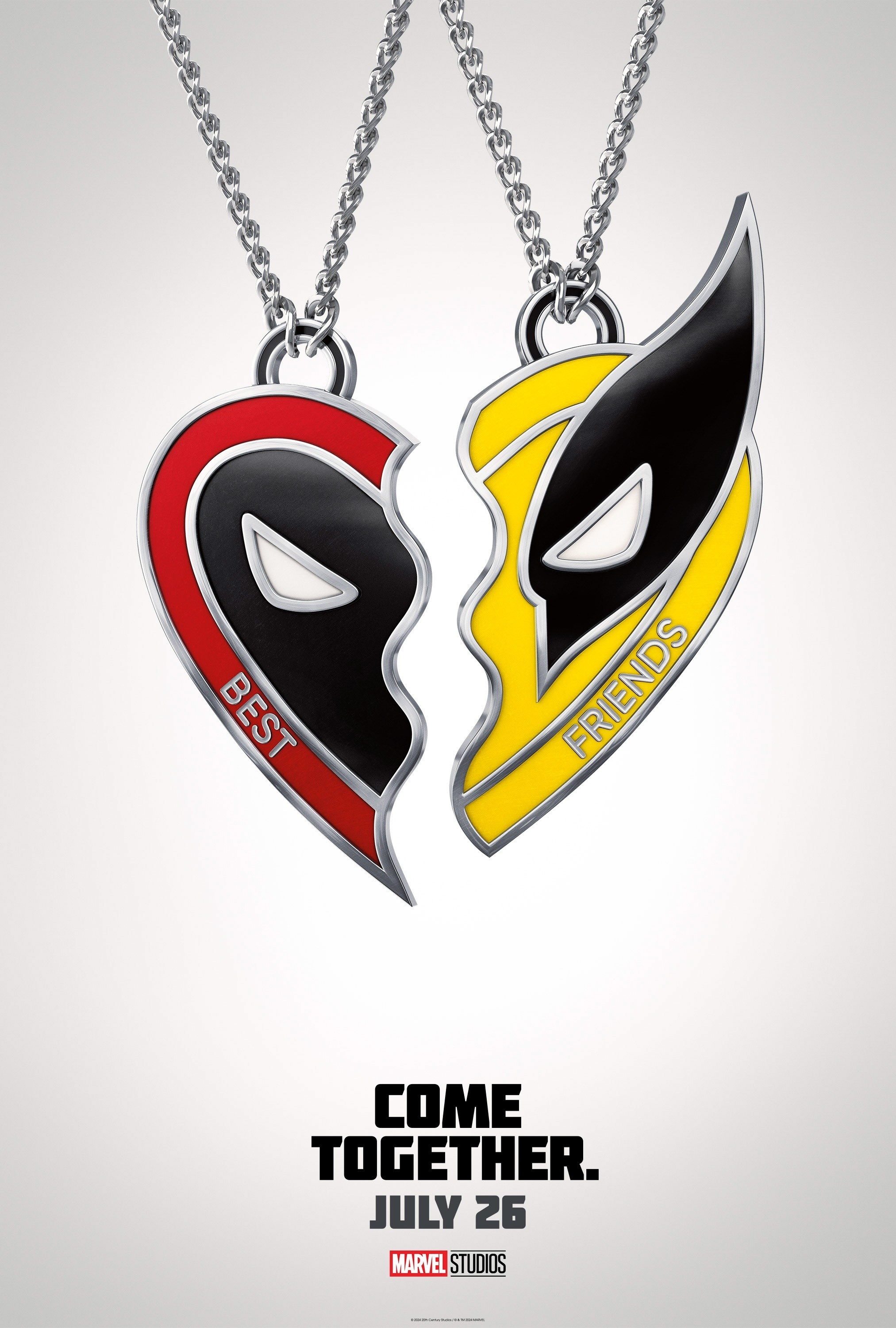 Two necklaces with half-heart pendants featuring Deadpool and Spider-Man logos. Text: &quot;Come Together. July 26. Marvel Studios.&quot;