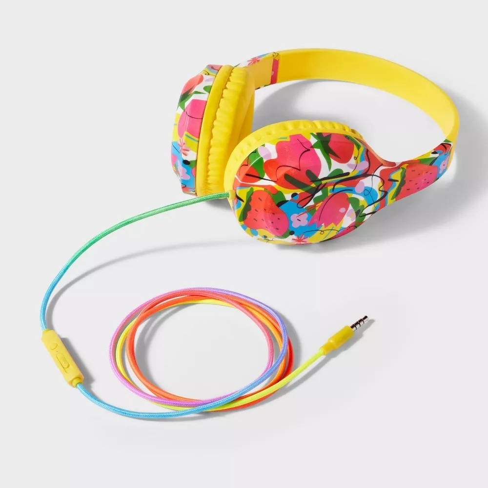 The bright patterned headphones with a multicolored cord