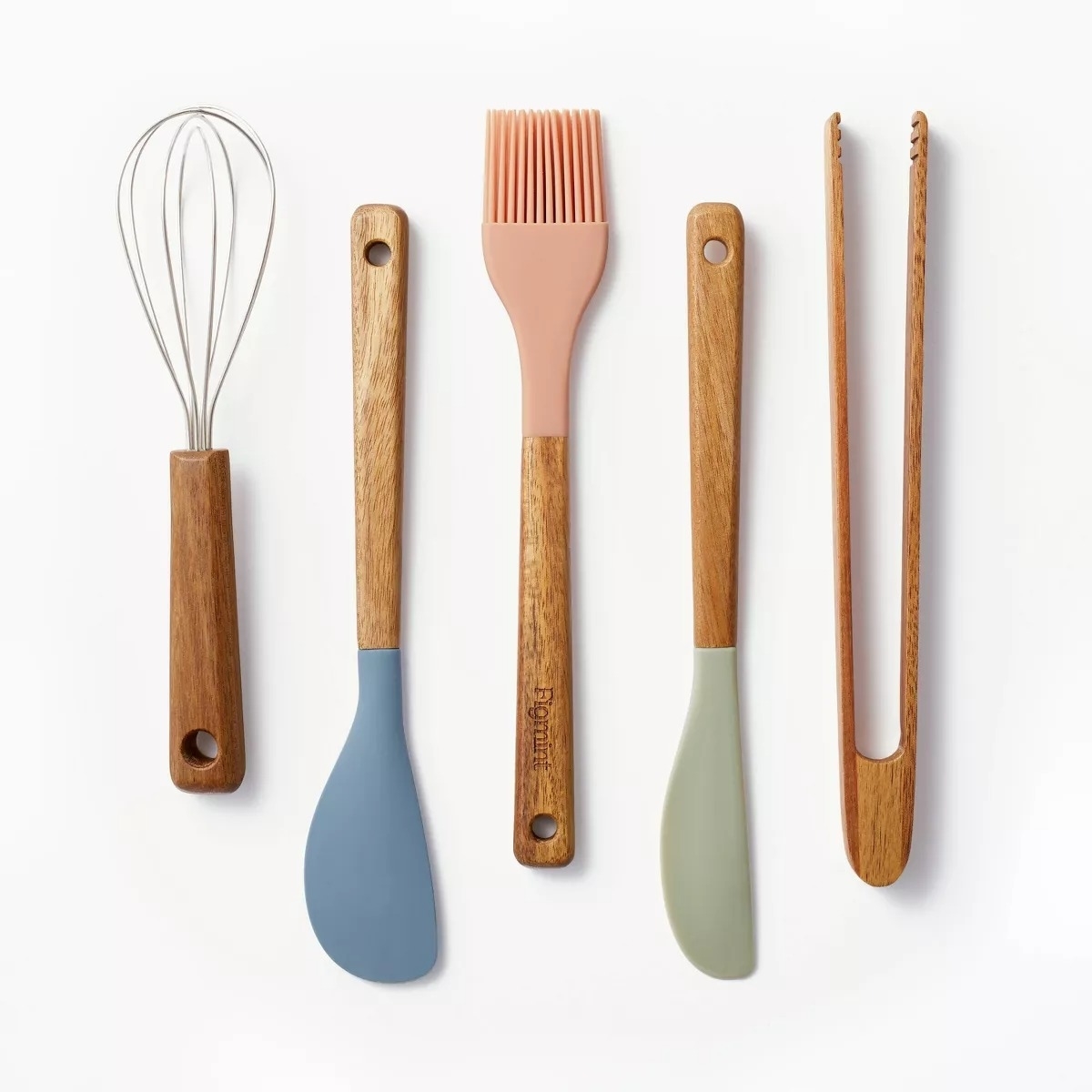 Wooden-handled kitchen utensils including a whisk, spatula, basting brush, and tongs