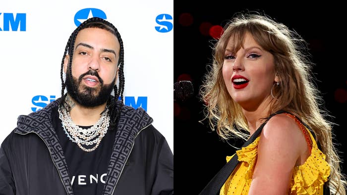 French Montana wearing a Givenchy jacket, Taylor Swift in a fringe dress, performing at a concert