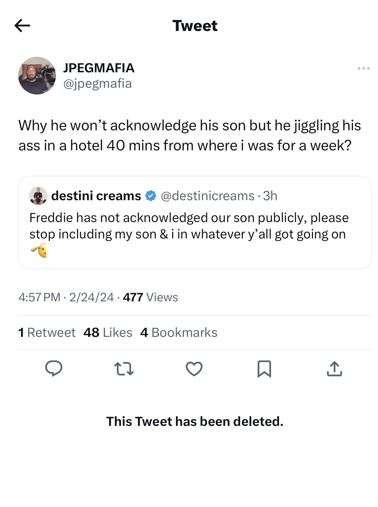 Screenshot of a tweet reply about someone not acknowledging their son, indicating the original tweet was deleted