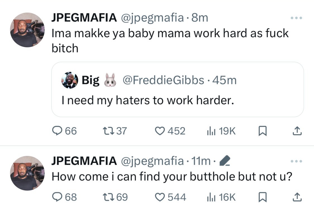Two tweets from JPEGMAFIA in response to Freddie Gibbs, with explicit language and confrontational tone