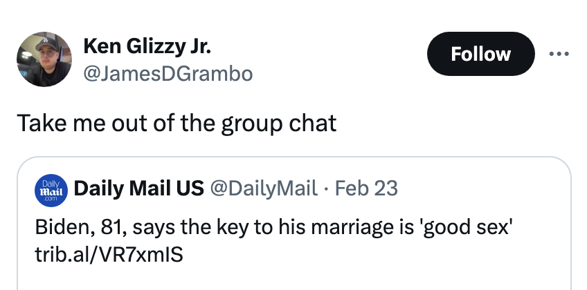 Tweet from a user wanting to be removed from a group chat, quoting a news tweet about Biden&#x27;s marriage