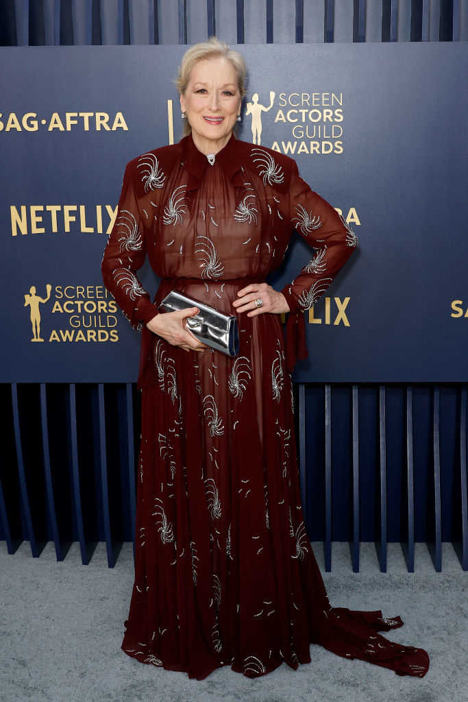 Meryl Streep  at SAG Awards in a long-sleeved, high-neck gown with metallic detailing, holding a clutch