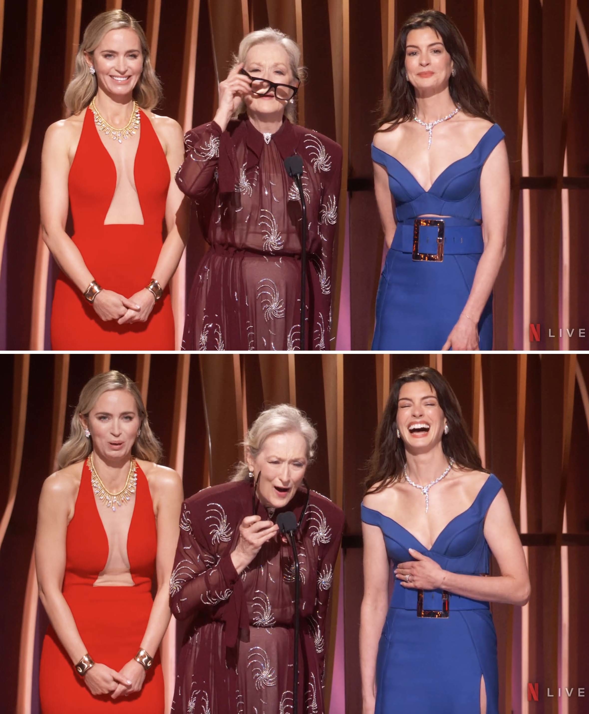 the two ladies laughing as meryl stands in the middle fidgeting with her glasses