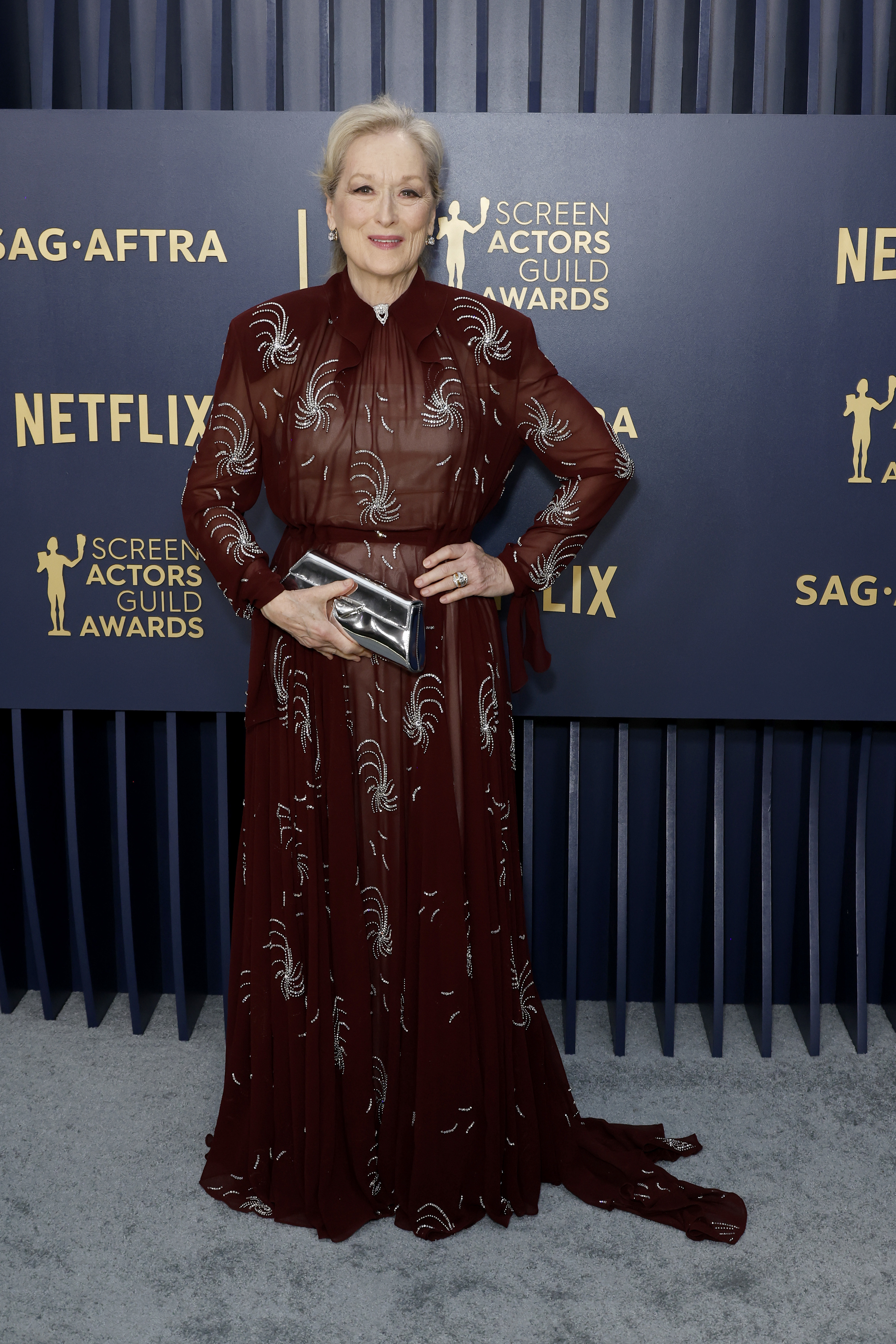 Meryl in a long-sleeved, floor-length gown with swirling patterns, posing with a clutch at an awards event
