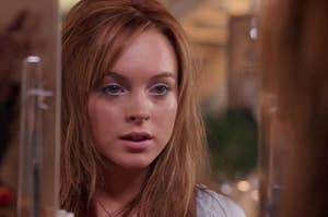 Lindsay Lohan looking into the mirror as seen in "mean girls" 