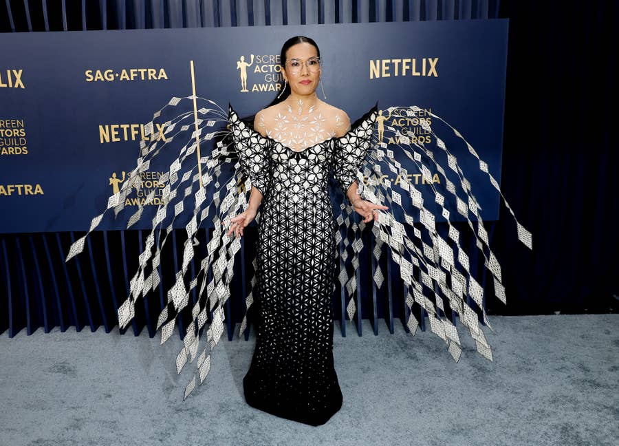 ali wong dress golden globes 2024 The first  I've ever received for a stand up special    Dress,  gloves and shoes: @balenciaga Earrings: @bpdesilvajewellers Styling:  @taraswennen Makeup: @danielmartin Hair: @samiknighthair  @goldenglobes  @gettyimages #goldenglobes