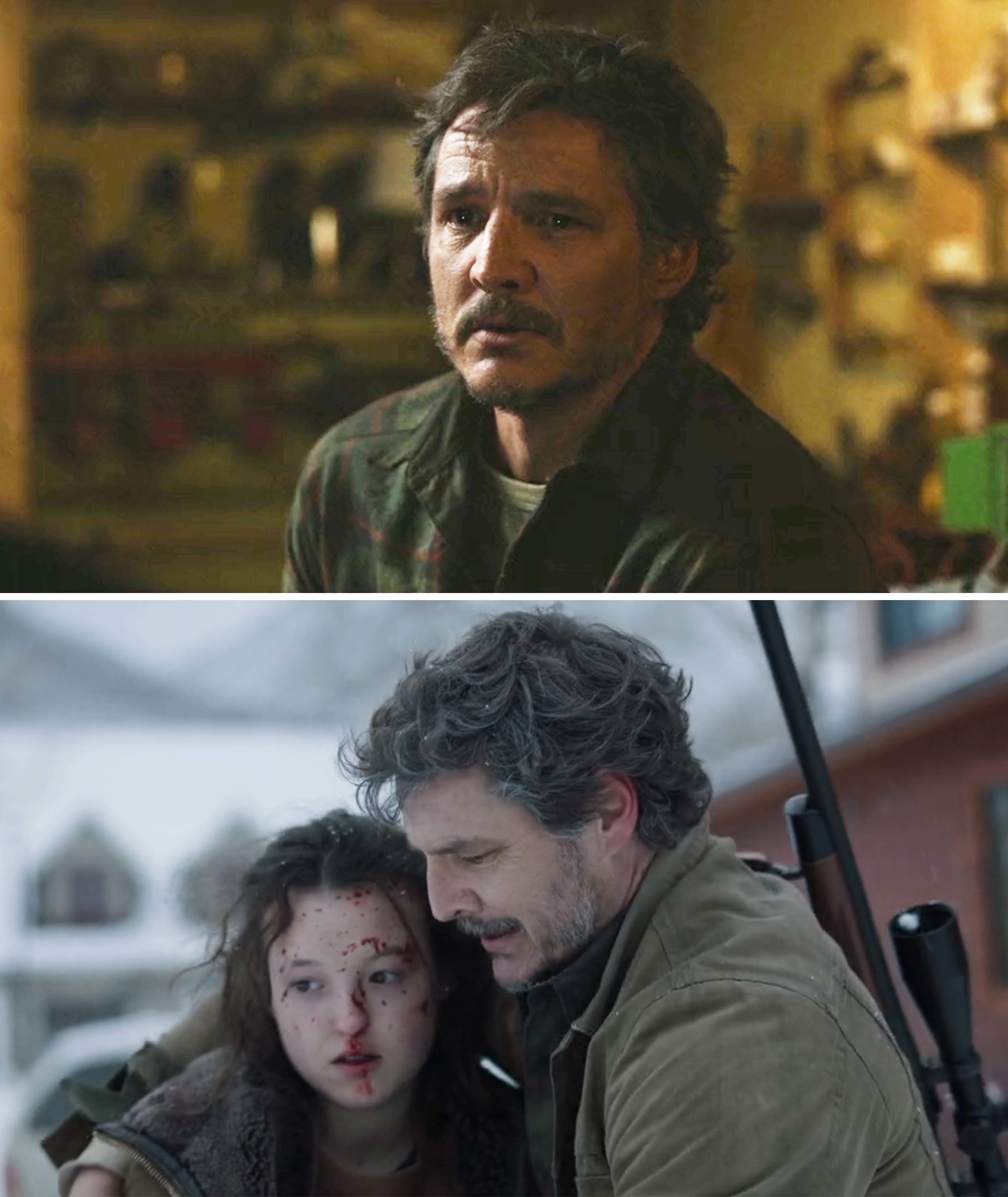 Pedro Pascal in two scenes: top as Joel in a worried look, bottom holding Bella Ramsey as Ellie, both in rugged outfits