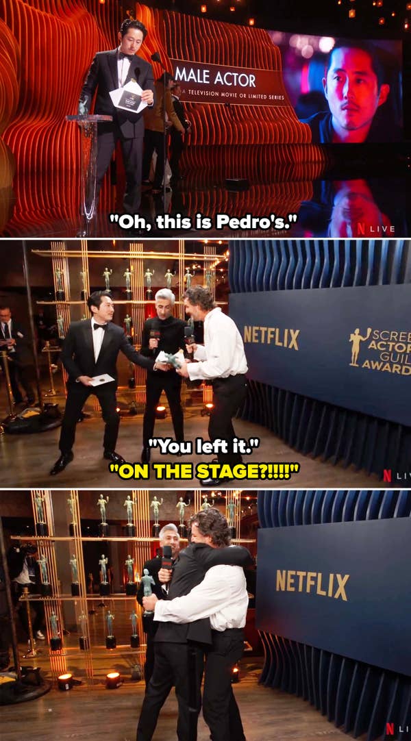 steven hugging pedro backstage after handing him the envelope