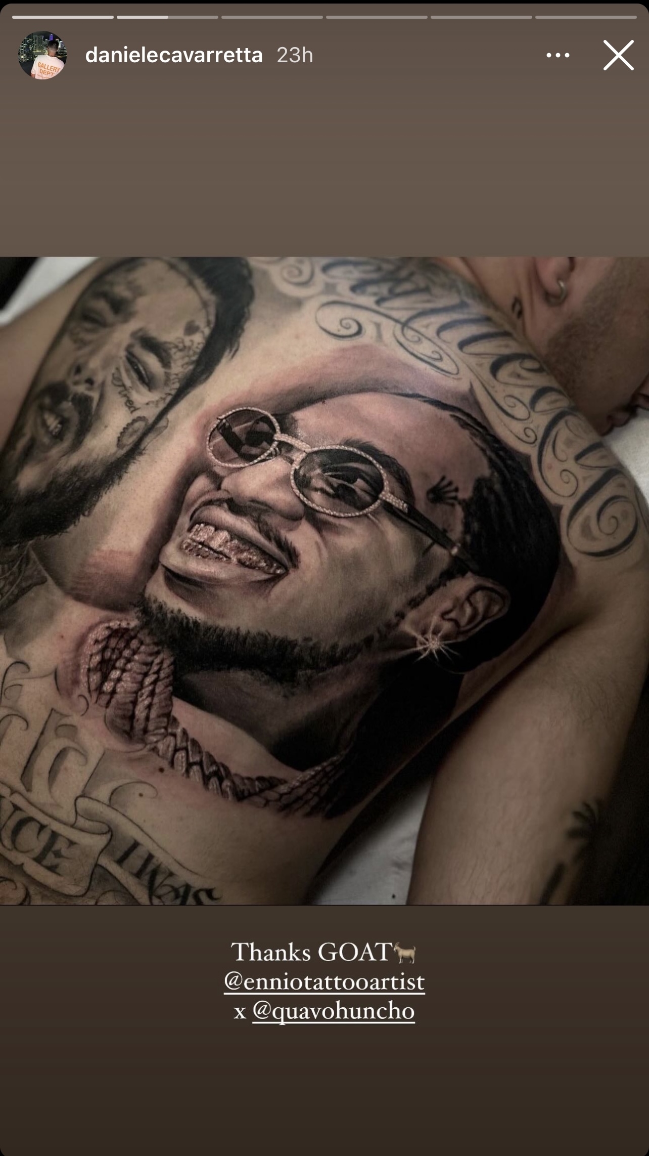 Man with a tattoo of Post Malone and Quavo on his back, including facial details and glasses.