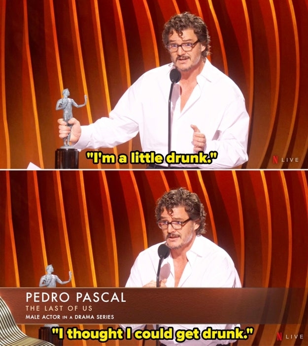 Pedro Pascal on stage with award, wearing glasses and white shirt, text overlays of his humorous speech
