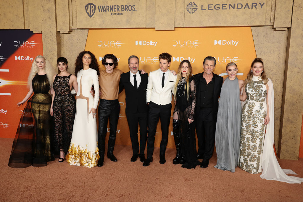 Cast of Dune movie standing in a row at premiere. Styles range from elegant gowns to tailored suits