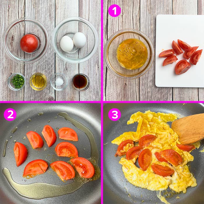 トマトと卵を使った料理手順の画像です。