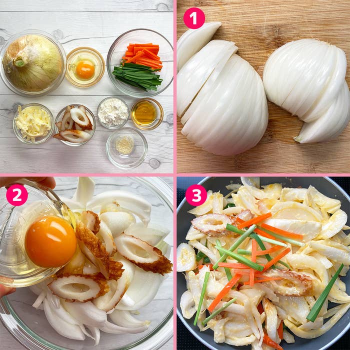 玉ねぎと人参、卵を使った料理の作り方を4枚の画像で説明。