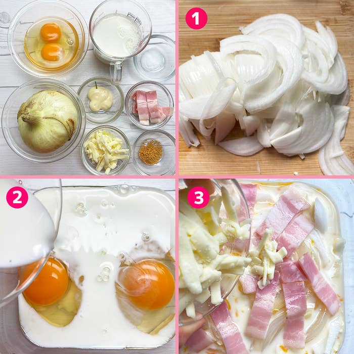レシピの手順を示す4つの写真。生の卵、切った玉ねぎ、液体を混ぜたボウル、ハムと玉ねぎの混合物。