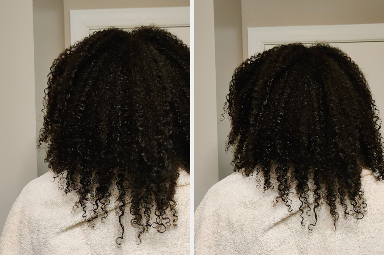Showing the back of my curly hair after rinsing out the treatment; the curls are enlongated and defined