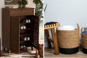 a brown shoe cabinet on the left and a storage basket on the right