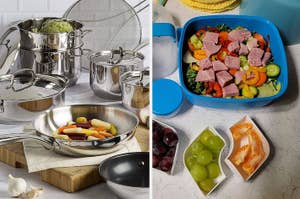 on left: stainless steel cookware set, on right: blue lunch container filled with ham salad