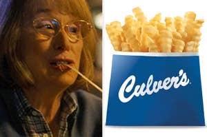 On the left, Meryl Streep eating something with a cheese pull as Mary Louise on Big Little Lies, and on the right, some crinkle fries from Culver's
