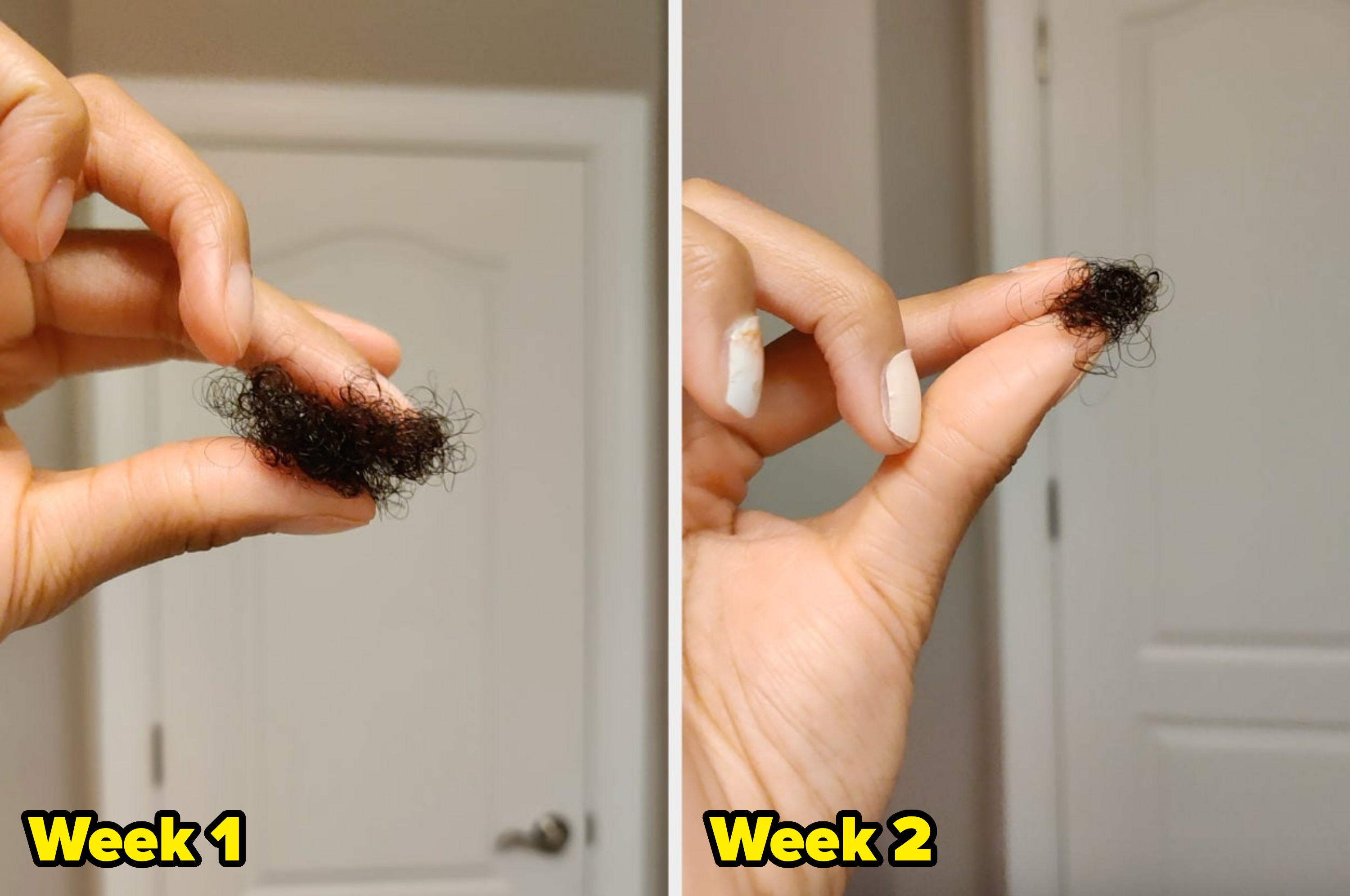 A before and after: Hand holding a larger clump of hair Week 1 then a smaller clump of hair Week 2