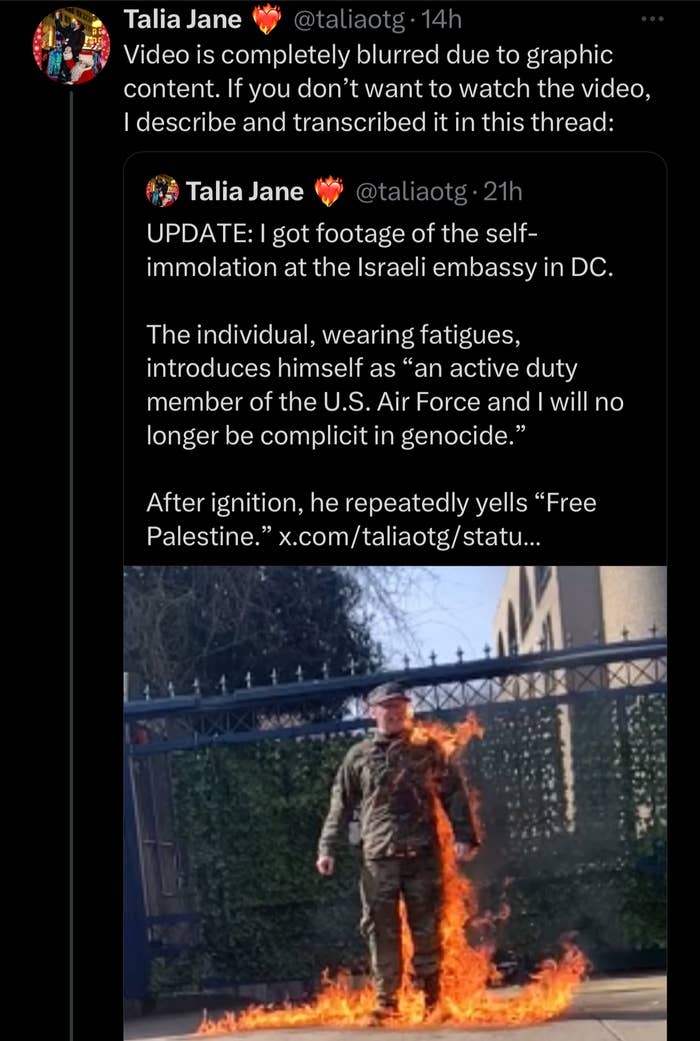 Tweet with a video of an airman on fire; user Talia Jane updates on the Israeli embassy self-immolation incident