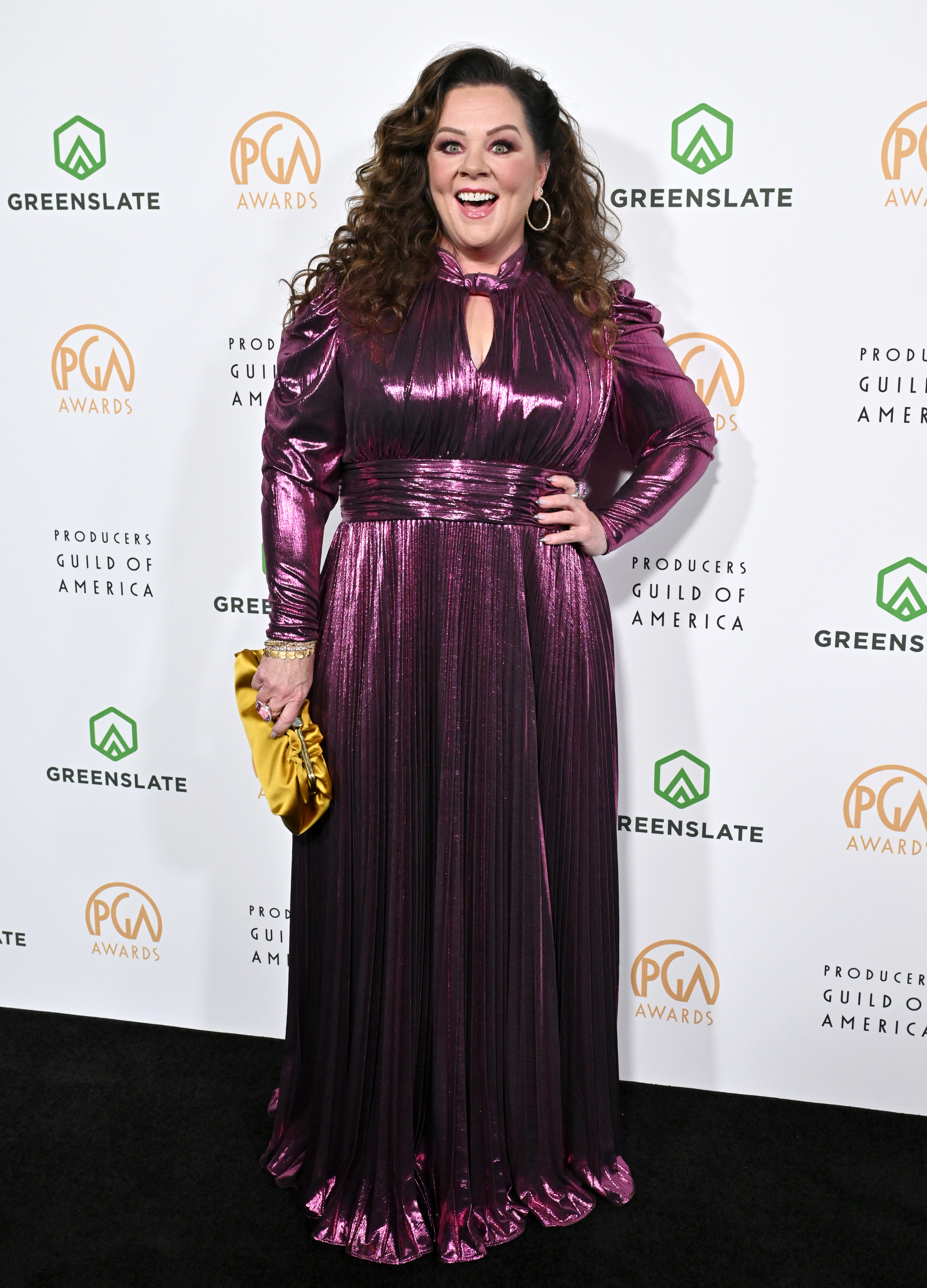 Melissa in a pleated metallic dress posing at the Producers Guild of America event