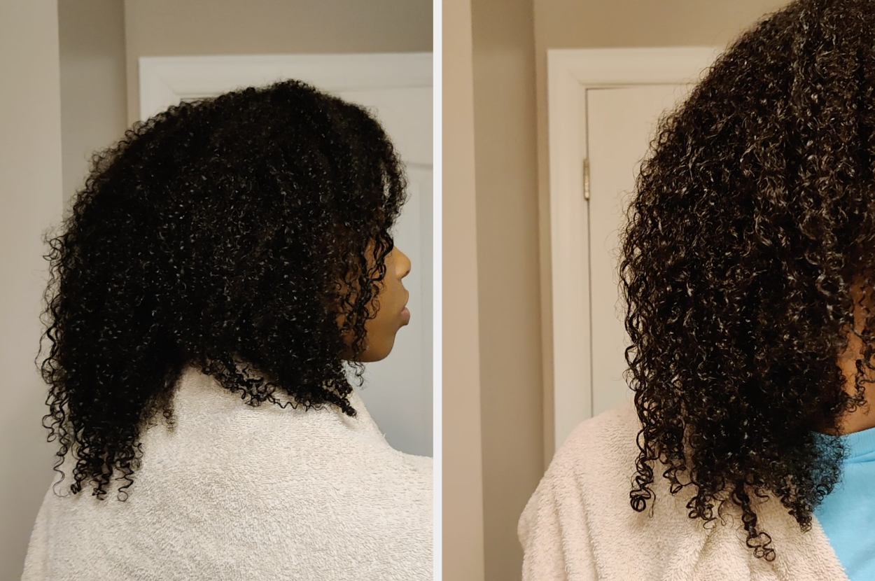 Photos of my curly hair after wash day, with more defined curls