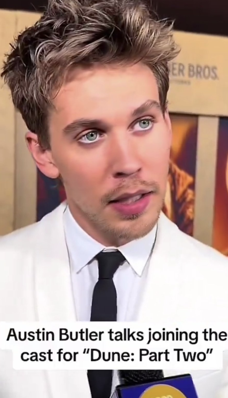 Close-up of Austin Butler in an interview, wearing a white shirt and tie and eyeliner, discussing &quot;Dune: Part Two&quot;