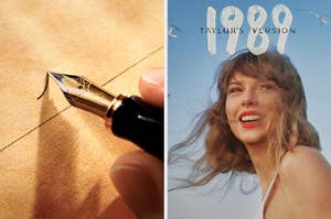On the left, someone writing with a fountain pen, and on the right, Taylor Swift smiling on the 1989 TV album cover
