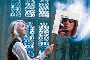 Luna Lovegood casting a Patronus and the Taylor Swift "Midnight" album cover.