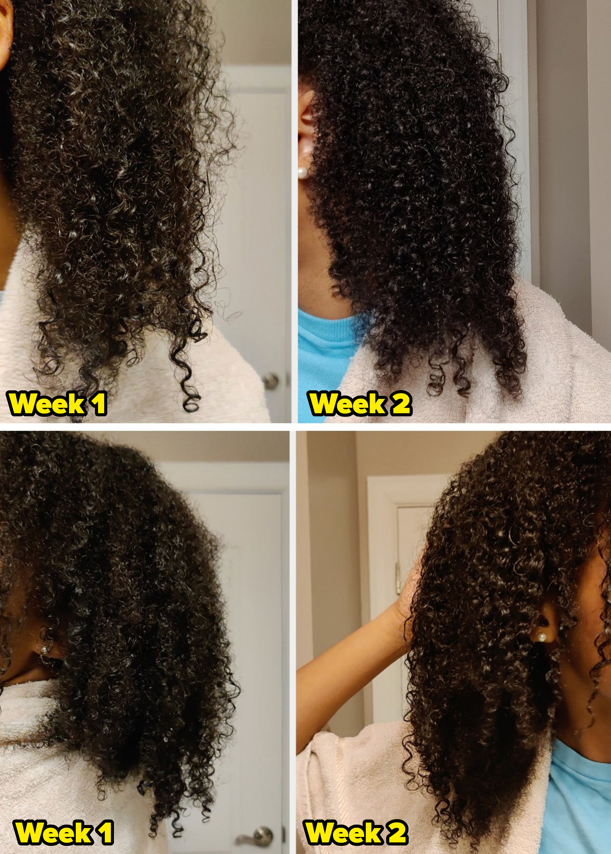 A before and after: Curls that have some frizz Week 1 then curls that have more definition Week 2