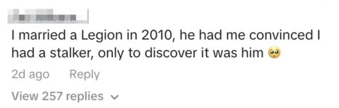 Image of a social media comment discussing a personal experience with a stalker who turned out to be the poster's spouse