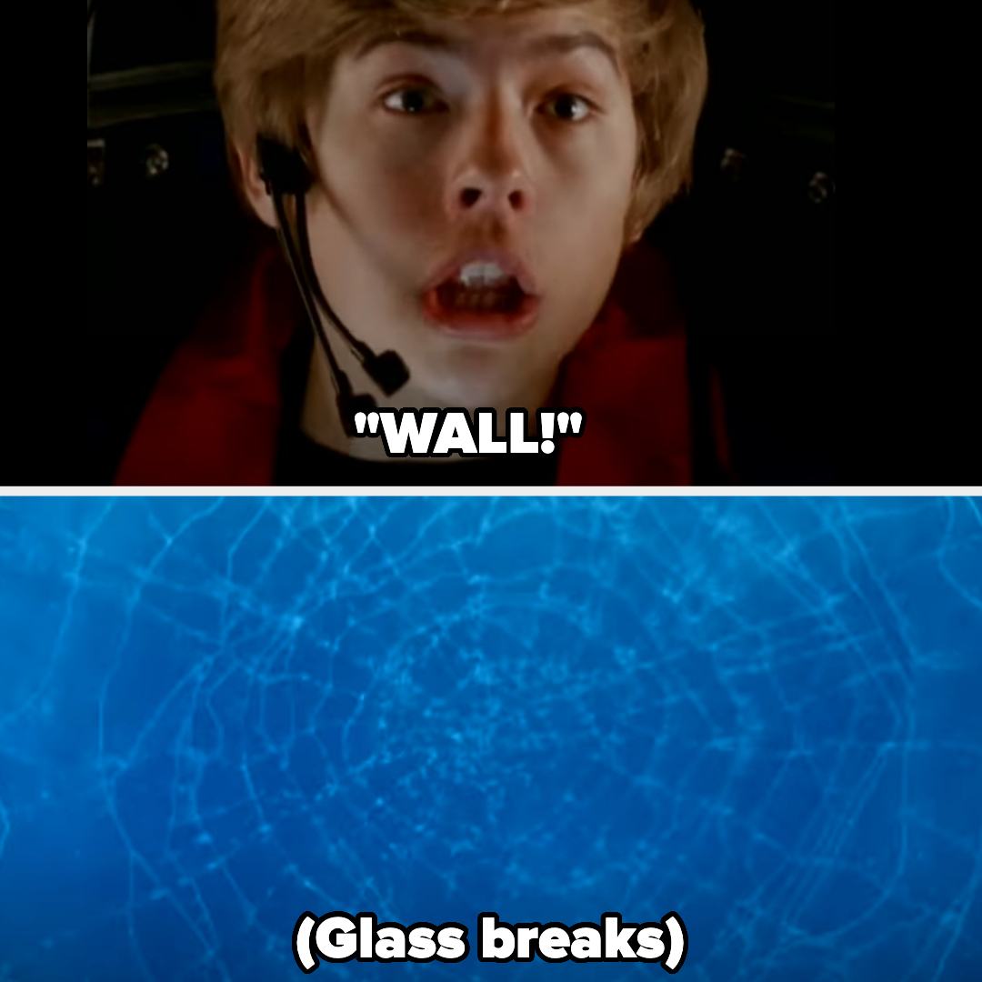 Two-panel image with top showing a person shouting &quot;WALL!&quot; and bottom depicting breaking glass with text &quot;(Glass breaks)&quot;