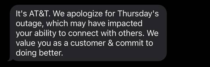 Apology text from AT&amp;T regarding a service outage impacting customer connectivity, with a commitment to improvement