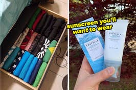 a drawer with neatly folded items / hand holding tube with text "sunscreen you'll want to wear"