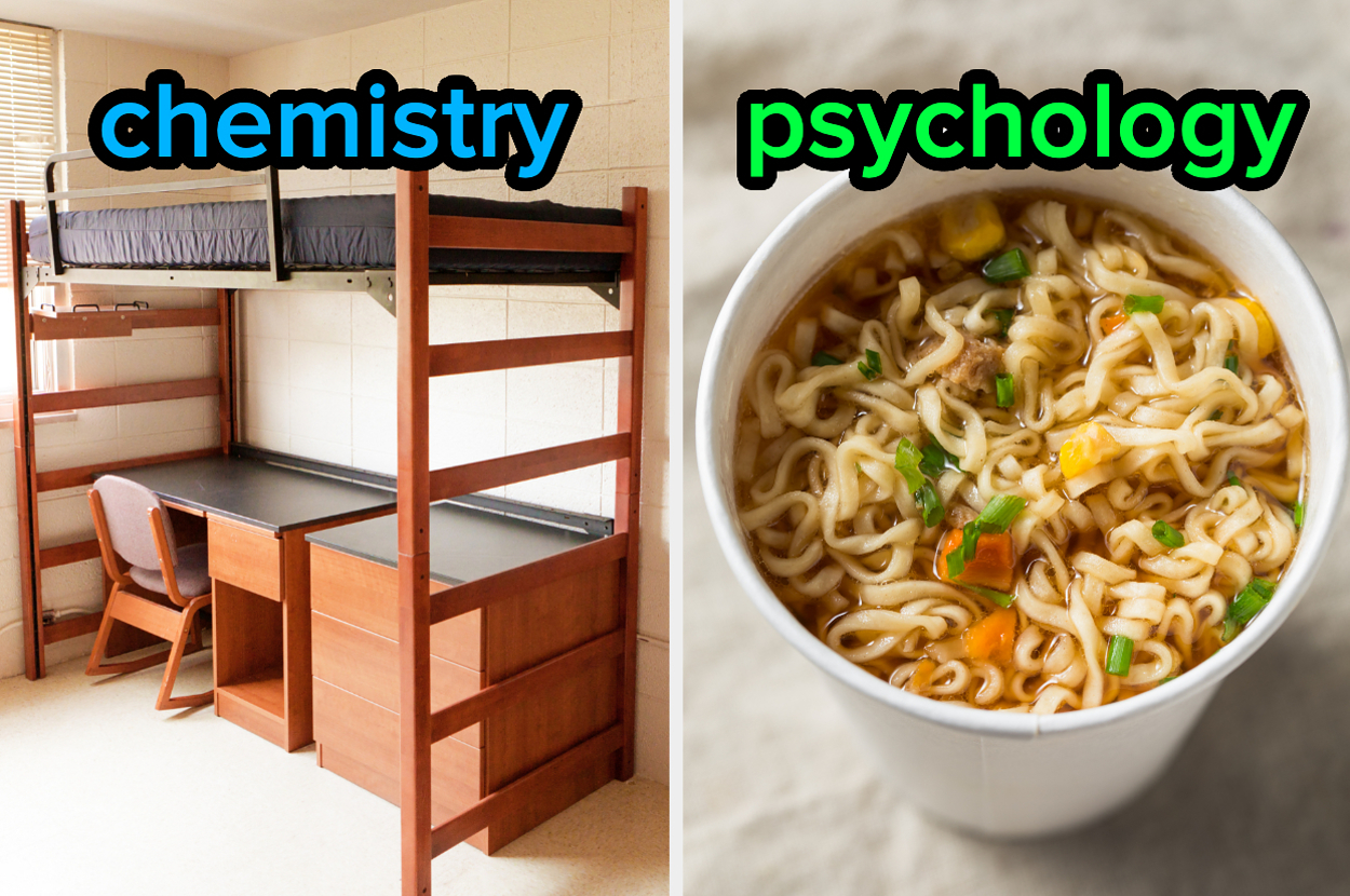 On the left, a lofted bed in a college dorm with a desk underneath labeled chemistry, and on the right, a cup of instant ramen labeled psychology